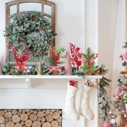 4 Pcs Mini Christmas Trees Table Decorations Small Christmas Tree with Christmas Ornaments Pine Cone Berry Artificial Xmas Tree Centerpieces for Home Indoor Fireplace Mantel Party Winter Decor