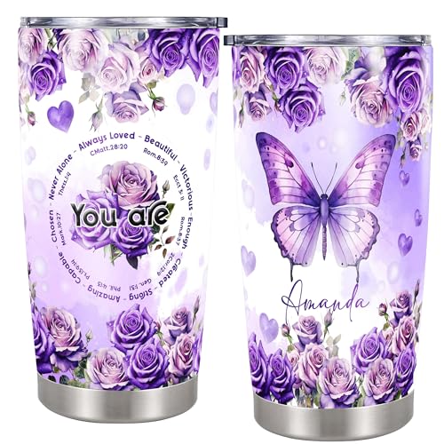 Personalized Christian Tumbler Purple Butterfly Travel Coffee Mug Insulated Cup with Lid Stainless Steel 20 30 oz Religious Gifts for Women Friend Sister Aunt Christmas Birthday - color: Christian 379