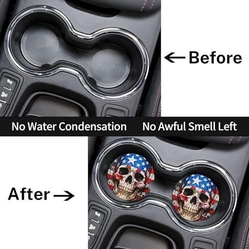 American Flag Skull Car Cup Holder Coasters 2 Pack 2.63" for Women - color: Beige‌