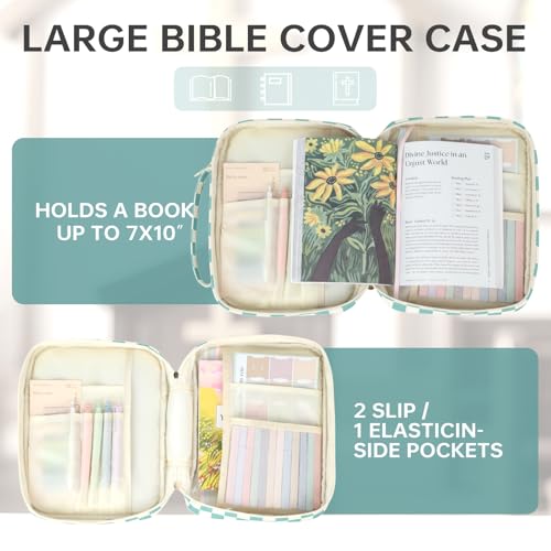 Bible Cover Case for Women Corduroy Bible Case for Girls Large Bible Cover with Handle Bible Study Supplies Accessories Christian Gifts for Women (Blue-Checkered, Medium)