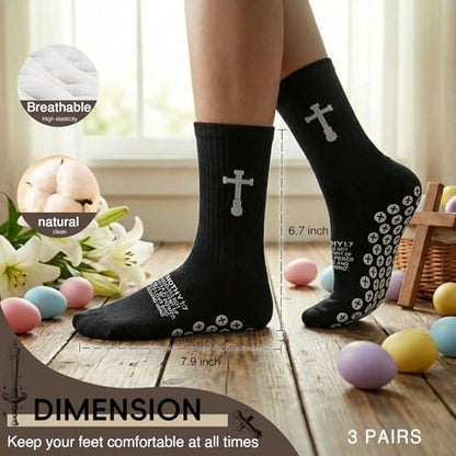 3 Pair Grip Christian Soccer Socks,Easter,Christmas Gift for Men - color: 2 Timothy 1:7 - Black