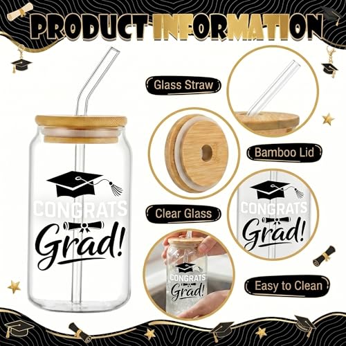 Glass Cups with Lids and Straws, 4Pack, 16oz, Graduation Grad - color: Happy Graduation