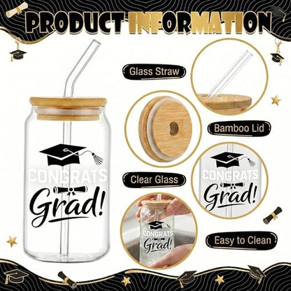 Glass Cups with Lids and Straws, 4Pack, 16oz, Graduation Grad - color: Happy Graduation