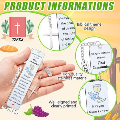 Gueevin 12 Pcs Metal First Communion Gifts 1st Favors Bible Verse Bookmarks with Cross Tassels Christian Religious Bookmarks Bulk with Scripture for Him or Her Book Lover Gift(First Communion) - style: First Communion
