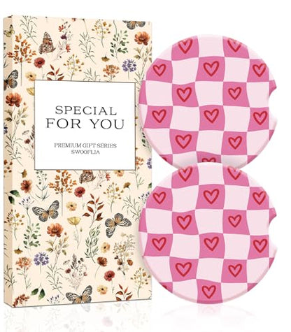 Swooflia 2 Pack Absorbent Ceramic Car Coasters for Women - color: Wavy Pink Checkered