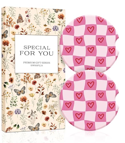 Swooflia 2 Pack Absorbent Ceramic Car Coasters for Women - color: Wavy Pink Checkered