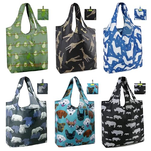 BeeGreen Animal Reusable Shopping Bags Cute Grocery Bag 6 Pack, Christmas Gift Bags Heavy-Duty Foldable Shopping Totes for Supermarket, Work & Travel, Large Washable Polyester Tote Bag with Handles - color: Blue, gray, black, green, teal
