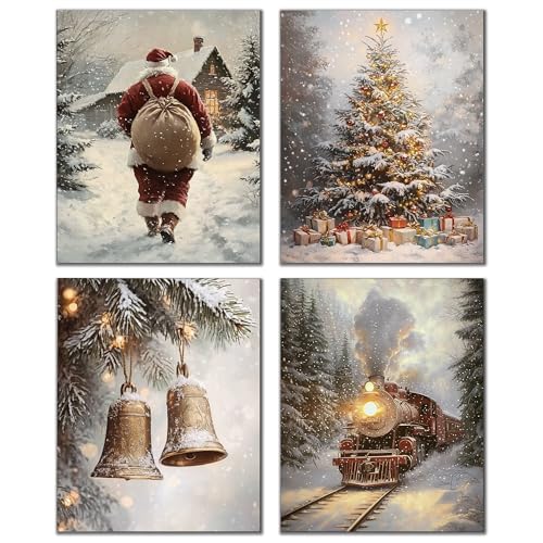 DOFQZ Winter Christmas Wall Art Prints Set of 4, Christmas Home Room Decor, Winter Snowy Xmas Train Santa Bell Pine Tree Posters for Home Bedroom Living Room Decor, 8x10 Unframed - color: 09Child, size: 8*10
