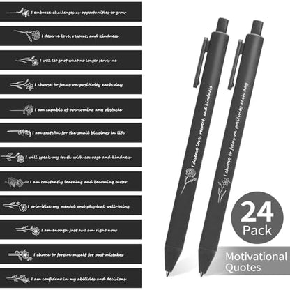 Bulk Gifts - 24 Pcs Inspirational Ballpoint Pen Set - Engraved with Flowers & Motivational, Smooth Writing, Christmas Stocking Stuffers Gift for School Office Party Supplies, Black - color: Black