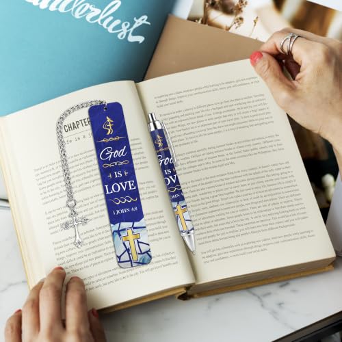 Christian Bookmarks Gift Set Bible Verse Metal Bookmark Pen for Women Men - style: Religious Blue