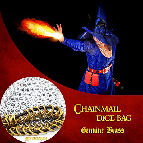 Mythrojan Chainmail Game Dice Bag | Medieval Drawstring Aluminium Ring Pouch for DND, Role Playing, Games, Storing Dices, Accessories | Chainmaille DND Dice Pouch with Brass Polished Edges Ring