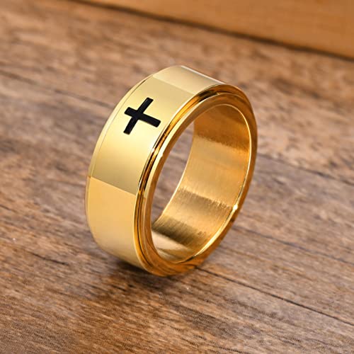 6mm/8mm Titanium Steel Black/Silver/Gold Fidget Ring Engraved Small Cross Stainless Steel Spinner Rings Stress Relieving Anxiety Ring Engagement Wedding Promise Band for Women Men Size 5-15 - color: 8mm Gold