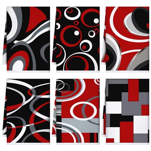 Boyiee Set of 6 Red Black Grey White Kitchen Towels Modern Geometric Decor - color: Black and Red