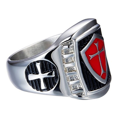Men's Stainless Steel Knight Ring Templar Ring Biker Crusader Cross Masonic Red Size 7 - size: 7