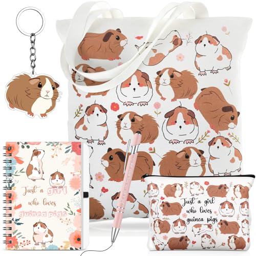 Kinlop 5 Pcs Guinea Pig Gift Set Tote Bag Cosmetic Bag Notebook Pink Pen - color: Pink, style: Guinea Pig