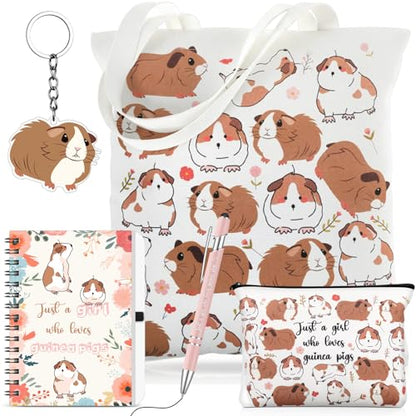 Kinlop 5 Pcs Guinea Pig Gift Set Tote Bag Cosmetic Bag Notebook Pink Pen - color: Pink, style: Guinea Pig
