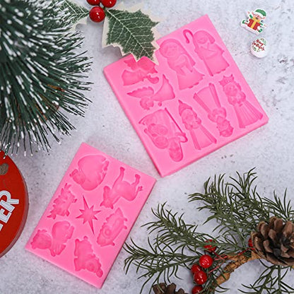 Whaline 2Pcs Christmas Fondant Molds Nativity Silicone Moulds Night of Birth Resin Baking Molds Jesus' Birth Theme Cake Decorating Molds for Xmas Handmade DIY Candy Chocolate Cookie Sugarcraft - style: Nativity