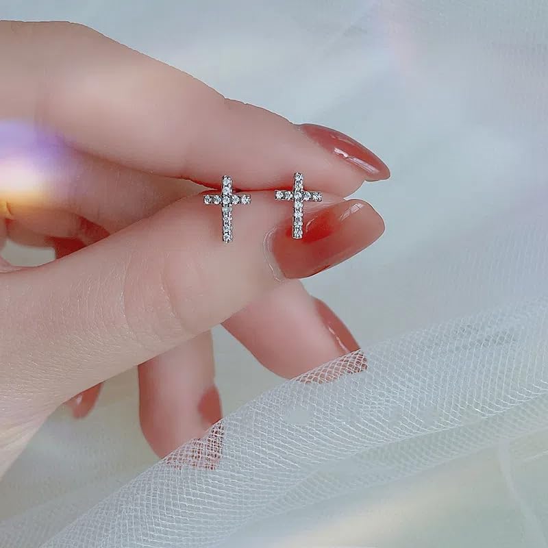 Dainty Small Cross Crystal Stud Earrings Cute Hypoallergenic CZ Tiny Gold Cross Stud Earrings for women - color: Silver