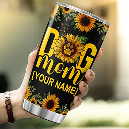CUBICER Personalized Coffee Tumbler Sunflowers Customized Name Travel Mug Birthday Gifts For Mom Dog Lovers Stainless Steel Cup Insulated Tumblers Inspirational Quotes Mothers Day - color: Sunflowers And Dog Mom