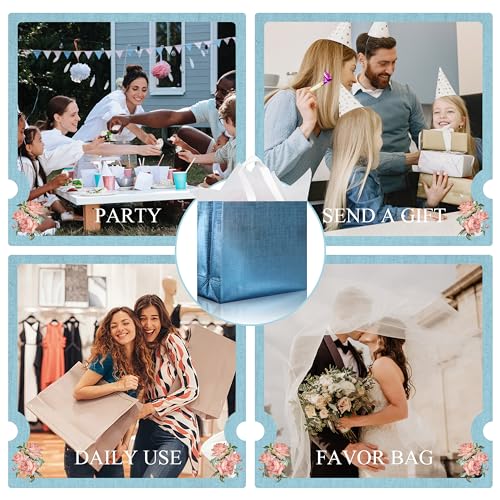 cabzymx 16 Pcs Blue Reusable Gift Bags, Metallic Bling Design Holiday Gift Bags with Handles & Bases, Non-woven Goodie Bag Bulk for Birthday, Wedding, Parties, Graduation- 12.6x4.7x11 In - color: Blue, size: 1 Count (Pack of 16)