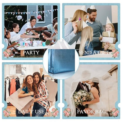 cabzymx 16 Pcs Blue Reusable Gift Bags, Metallic Bling Design Holiday Gift Bags with Handles & Bases, Non-woven Goodie Bag Bulk for Birthday, Wedding, Parties, Graduation- 12.6x4.7x11 In - color: Blue, size: 1 Count (Pack of 16)