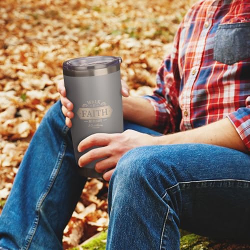 Christian Art Gifts Stainless Steel Vacuum Insulated Travel Mug 18 oz - color: Gray/Walk by Faith