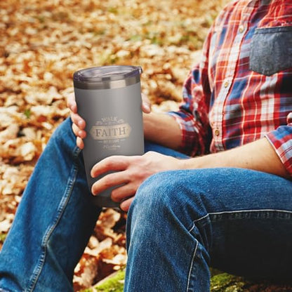 Christian Art Gifts Stainless Steel Vacuum Insulated Travel Mug 18 oz - color: Gray/Walk by Faith
