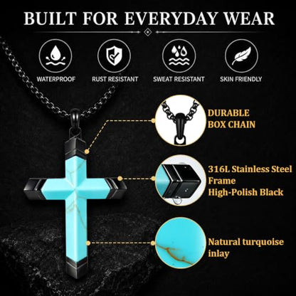 Lapis Lazuli/Amethyst Cross Necklace for Men Waterproof and Sweat-Resistant Suitable for both men and women With Adjustable Box Chain Christian Jewelry Father Day Gifts for Men - color: Black&Sky Blue