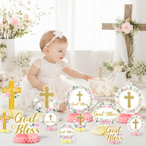 ANGOLIO 12P Pink Floral God Bless Baptism Honeycomb Centerpiece Decorations - style: Light Pink Gold God Bless