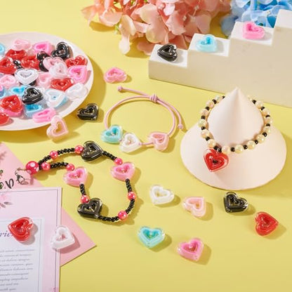 FASHEWELRY 60Pcs Acrylic Crystal Heart Beads Clear Love Heart Beads Candy Color Cute Pony Bead Aesthetic Bead for Valentine Day Bracelet Necklace Jewelry Making - color: Heart-60Pcs
