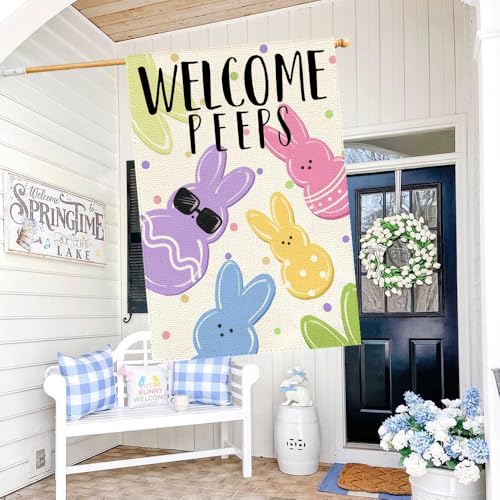 Easter Welcome Peeps House Flag 28x40 Inch Double Sided Outside Spring Colorful Bunny Seasonal Decorative Holiday Large Garden Yard Flag Outdoor Decoration 1-28 - size: 28x40 Inch