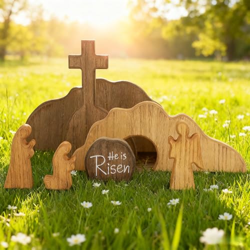 Glintoper Empty Tomb Easter Scene and Cross Decoration, 7pcs Wooden Easter Resurrection Scene Cross Jesus Tomb Tray Set, Tabletop Christian Gifts Jesus Nativity Scene Decor for Religious Home Office - size: 7 PCS