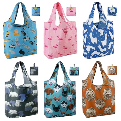 BeeGreen Shopping Bags Cloth Grocery Bags Foldable Travel Bag Tote Bags Bulk - Reusable Gift Bags with Handles (6 Pack) - Heavy Duty Large Washable Animal Holiday Design for Women Travel & Groceries - color: Black,teal,bule,gray,brown
