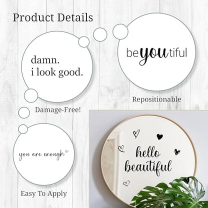 Affirmation Mirror Decals - Set of 6 Black Vinyl Quotes Be Amazing Today | Hello Beautiful | I Look Good | You Look Fabulous Darling Bathroom Mirror Sticker - color: Black Affirmation
