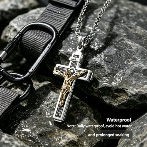 HZMAN Catholic Jesus Christ INRI Cross Crucifix Pendant Necklace for Men - color: Silver & Gold
