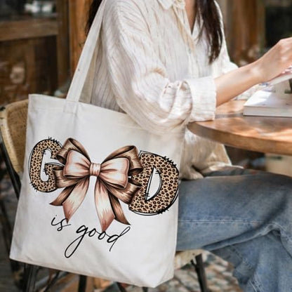 Coquette Bow Leopard Print Christian Canvas Tote Bag for Women, Cheetah Print God Is Good Bible Verse Reusable Shoulder Bag for Work Beach Travel and Shopping Grocery