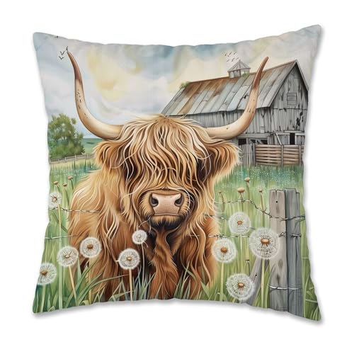 Farmhouse Highland Cow Pillow Cover 18x18, Highland Cow Lover Gifts, Rustic Country Dandelion Farm Animal Decorative Pillow Cover Pillowcase for Home Bedroom Living Room - color: Highland Cow-18
