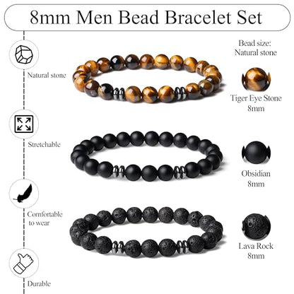 Mens Beaded Bracelets, 8MM Beaded Bracelets for Men, Natural Tiger Eye Bead Bracelet, Stretch Elastic Beads Bracelets for Men - color: 3 tiger eye black agate volcanic