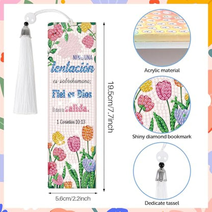 8 Pieces Christian Bible Verse Diamond Art Bookmarks 5d Christian Beaded Bookmark Acrylic Tassel Bookmark for DIY Making Beginners Adults Arts Craft Supplies (Spanish) - color: Spanish