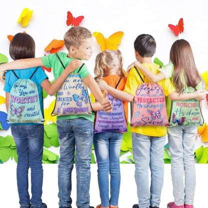 24 Pcs Religious Butterfly God Says Drawstring Backpack God Says Christian Drawstring Bags Large Jesus Bible Verse String Bag Sunday School Gifts - style: Religious Butterfly