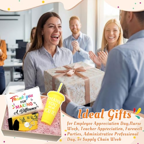 Funnymoom 24 Pcs Employee Appreciation Gifts Bulk for Women 24 oz Plastic Tumbler Cup Inspirational Makeup Cosmetic Bag Crew Sock Keychain Thank You Gift for Teachers School Staff Team Coworker - style: Employee
