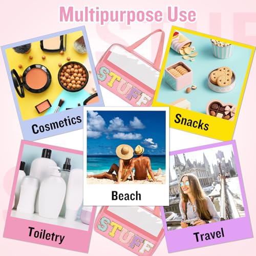 Preppy Clear Stuff Makeup Bags with Chenille Letter Patches, Travel Essentials Large Clear Make up Bag Zipper Pouch with Handle, Waterproof Nylon Cosmetic Toiletry Storage Tote for Women (STUFF-Pink) - color: STUFF-Pink