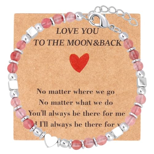 Beaded Bracelets for Women, Inspirational Natural Gemstone Bracelets Graduation Mothers Day Christmas Birthday Gifts for Mom, Daughter, Granddaughter, Wife, Sister, Best Friend - color: Pink, style: Heart