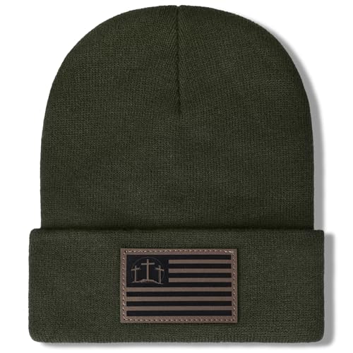 Christian Cross Beanie Hats for Men Women, Faith Winter Cuffed Hats, Religious Gifts for Thanksgiving Christmas New Years - color: Dark Green, style: Three Cross Flag