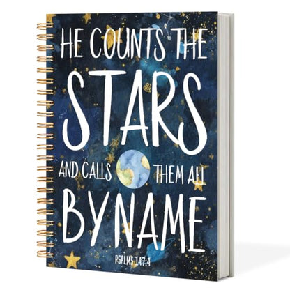 Stars Psalms147:4 Bible Notebook for Women Men, Christian Journal,He Countes The Stars Christian Church Notebook Hardcover Spiral Notebook, 5.5x8.3 Inch - color: white-Stars Psalms147:4 Bible