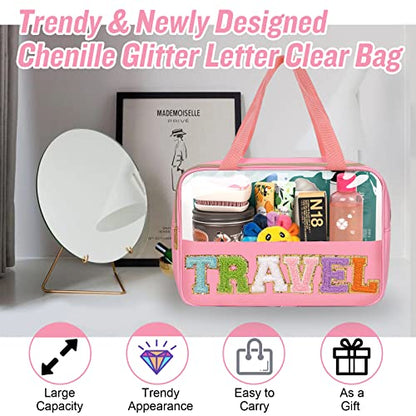 Preppy Clear Travel Makeup Bags with Chenille Letter Patches, Travel Essentials Large Clear Make up Bag Zipper Pouch with Handle, Waterproof Nylon Cosmetic Toiletry Storage Tote for Women(TRAVEL-Pink) - color: TRAVEL-Pink
