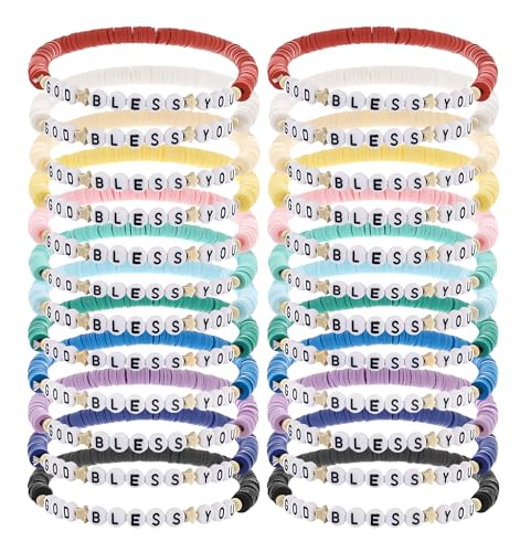 24Pcs Jesus Loves You Bracelets Bulk Handmade Clay Beads Bible Verse Bracelets Christian Friendship Jewelry Christmas Easter Gifts for Women Teen - color: God 24-6