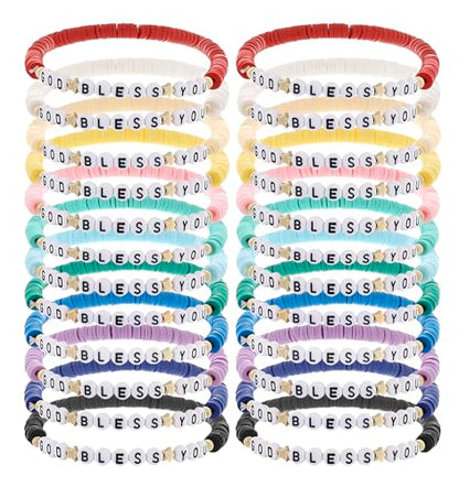 24Pcs Jesus Loves You Bracelets Bulk Handmade Clay Beads Bible Verse Bracelets Christian Friendship Jewelry Christmas Easter Gifts for Women Teen - color: God 24-6