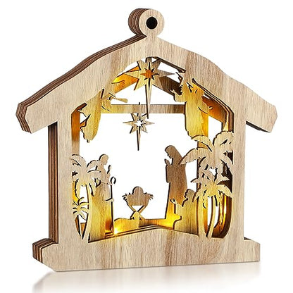 Bucherry Wooden Nativity Scene Christmas Tabletop Ornament,Hut - style: Hut