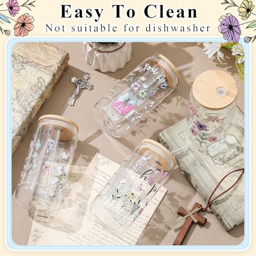 Mumufy 4 Pack Christian Flower Glass Cup, 16 oz Tumbler Mug with Bamboo Lid - style: Christian Flower